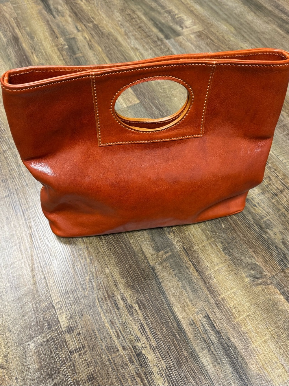 Orange Leather Oval-Handle Tote with Detachable Strap